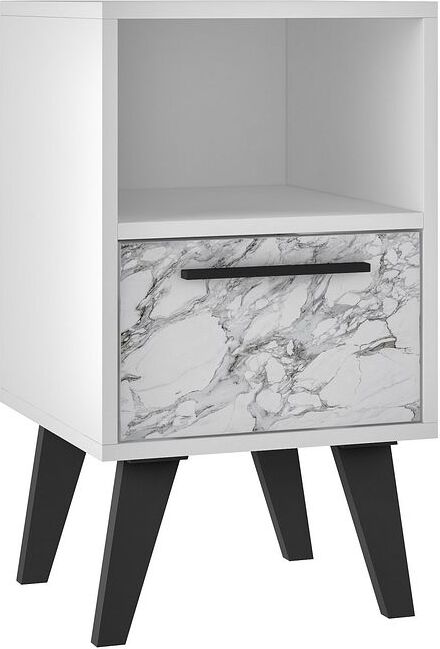 Manhattan Comfort Nightstands & Side Tables - Mid-Century- Modern Amsterdam Nightstand 1.0 with 1 Shelf in White Marble