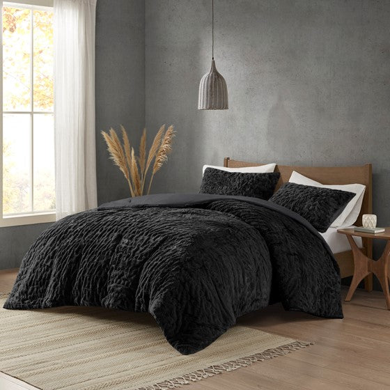 Olliix.com Comforters & Blankets - Ruched Fur Down Alternative Comforter Set Black Full/Queen