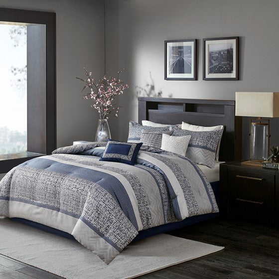 Olliix.com Comforters & Blankets - 7 Piece Jacquard Comforter Set Navy Queen