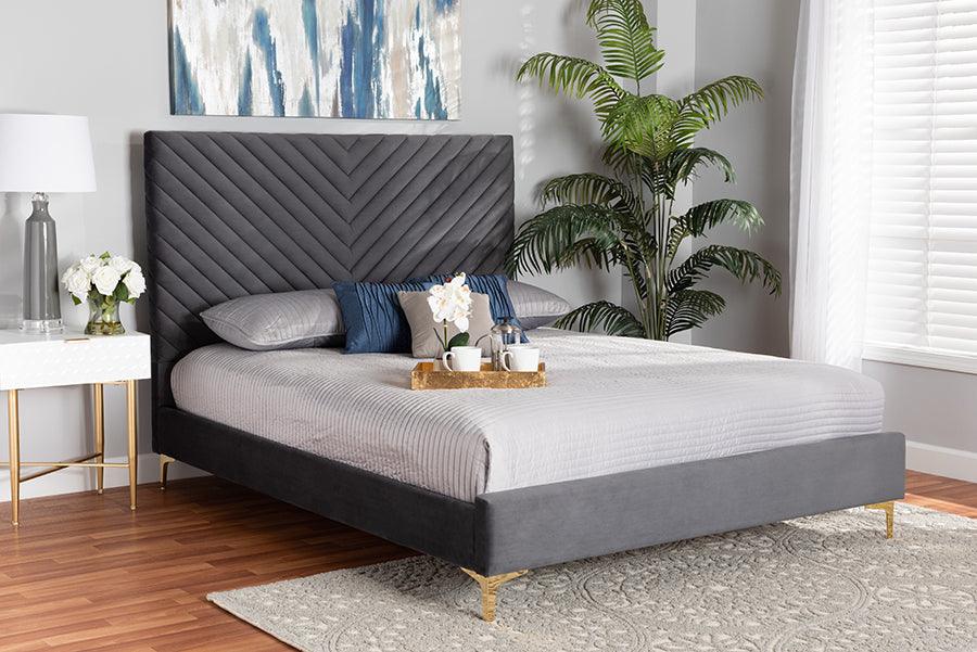 Wholesale Interiors Beds - Fabrico Glam and Luxe Grey Velvet Fabric Upholstered and Gold Metal Queen Size Platform Bed