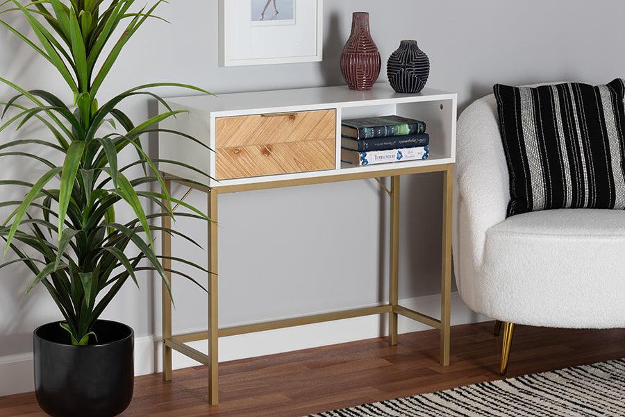 Wholesale Interiors Consoles - Giona Two-Tone Oak Brown and White Finished Wood and Gold Metal 1-Drawer Console Table