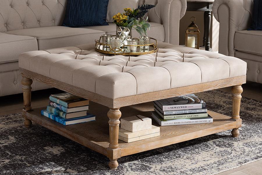 Wholesale Interiors Ottomans & Stools - Kelly Modern and Rustic Beige Linen Fabric and Greywashed Wood Cocktail Ottoman