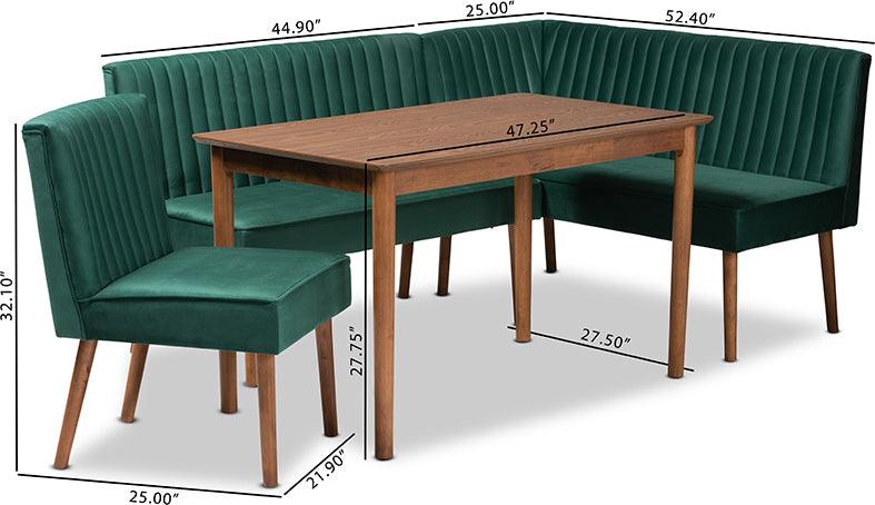 Wholesale Interiors Dining Sets - Alvis Emerald Green Velvet Upholstered and Walnut Brown Finished Wood 4-Piece Dining Nook Set
