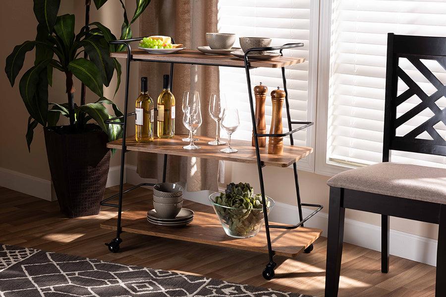 Wholesale Interiors Bar Units & Wine Cabinets - Bernard Rustic Industrial Black Metal and Walnut Finishe Wood 3-Tier Mobile Wine Bar Cart