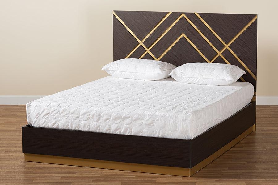 Wholesale Interiors Beds - Arcelia Contemporary Two-Tone Dark Brown and Gold Wood Queen Size Platform Bed