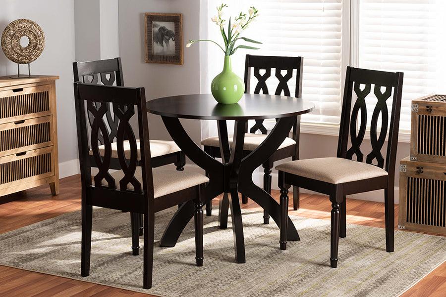 Wholesale Interiors Dining Sets - Mona Sand Fabric Upholstered and Dark Brown Finished Wood 5-Piece Dining Set