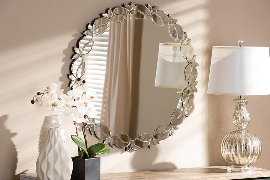 Wholesale Interiors Mirrors - Luiza Modern and Contemporary Silver Finished Round Petal Leaf Accent Wall Mirror