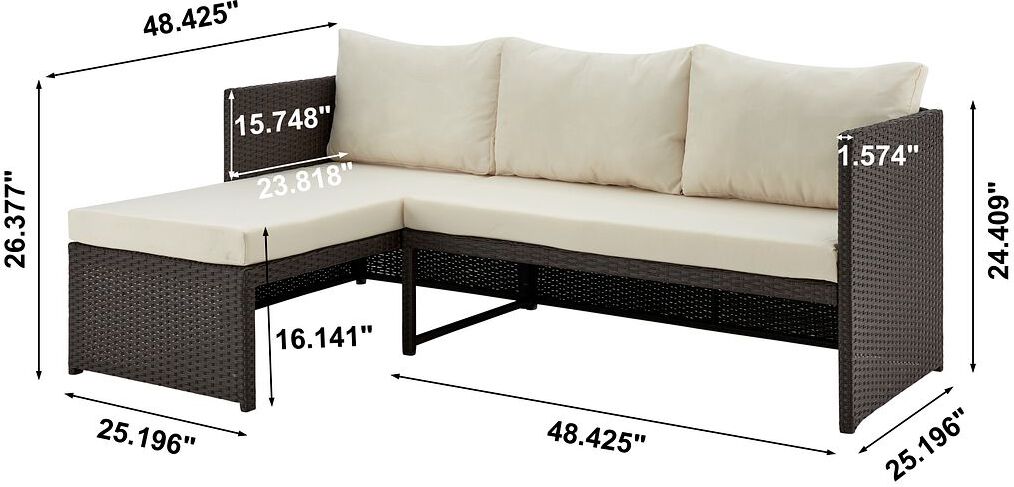 Manhattan Comfort Outdoor Conversation Sets - Menton Patio 2-Seater and Lounge Chair with Coffee Table with Cream Cushions