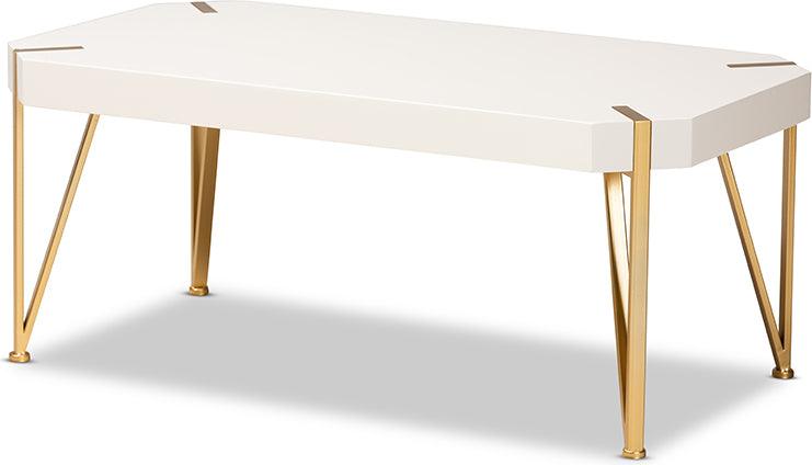 Wholesale Interiors Coffee Tables - Kassa Contemporary Brushed Gold Metal and White Finished Wood Coffee Table
