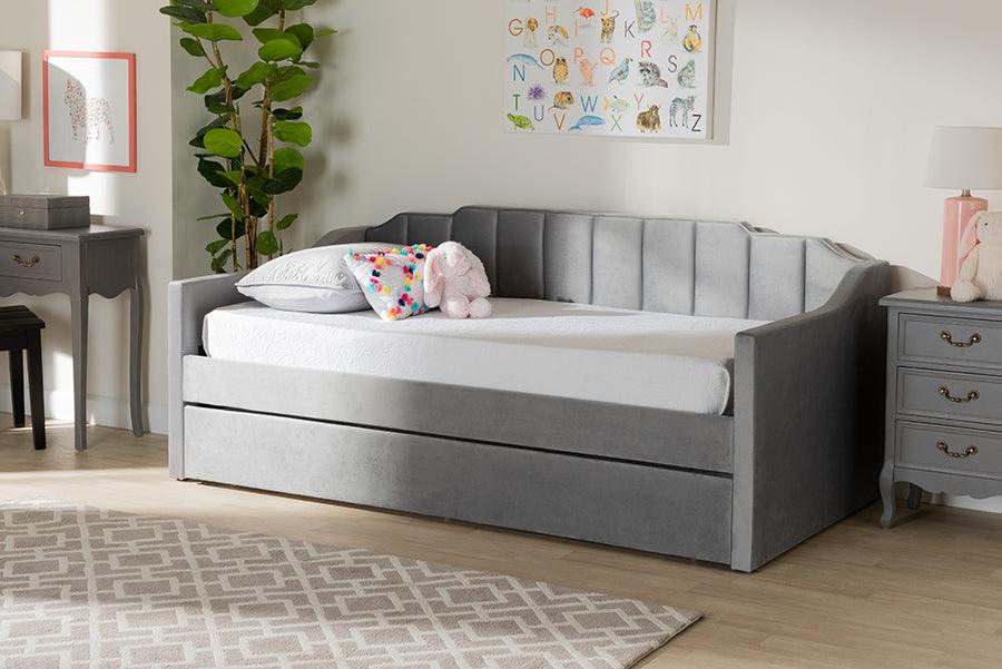 Wholesale Interiors Daybeds - Lennon Grey Velvet Fabric Upholstered Twin Size Daybed with Trundle