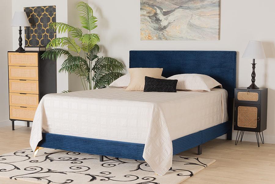 Wholesale Interiors Beds - Abberton Modern and Contemporary Navy Blue Velvet and Gold Metal Queen Size Panel Bed