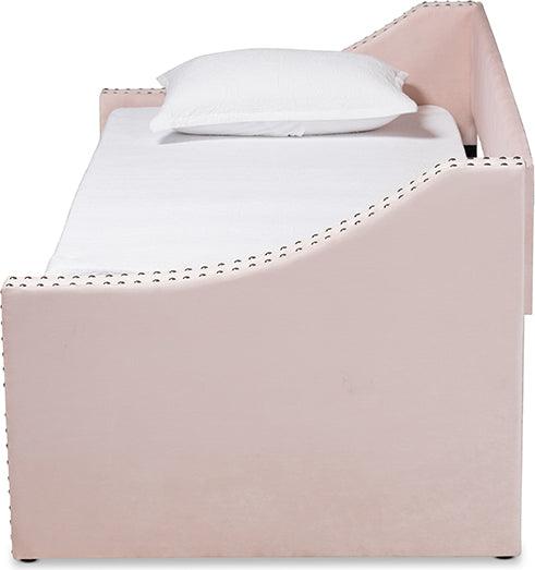 Wholesale Interiors Daybeds - Raphael Pink Velvet Fabric Upholstered Twin Size Daybed with Trundle