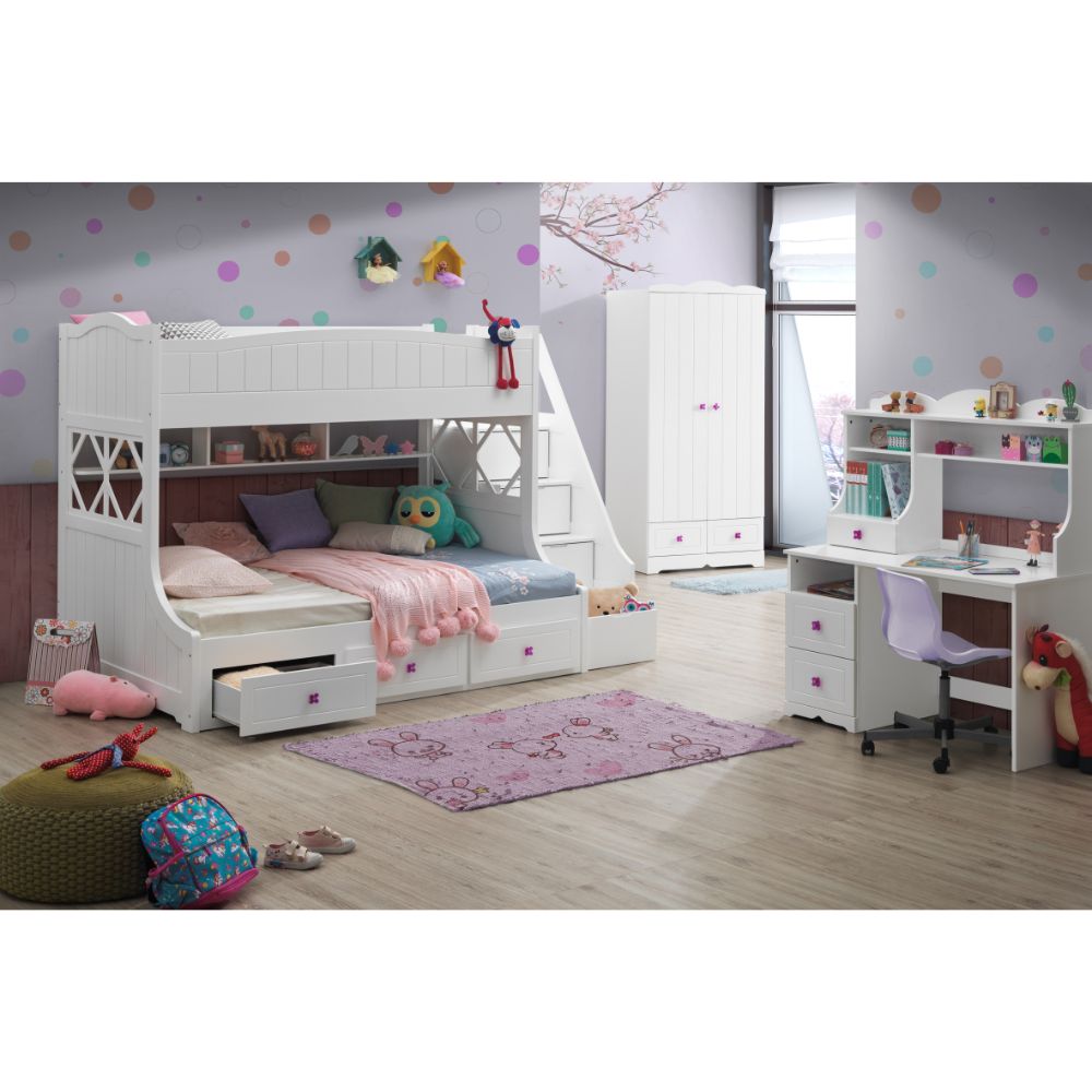 ACME Furniture Beds - ACME Meyer Twin/Full Bunk Bed w/Storage Ladder & Drawers, White