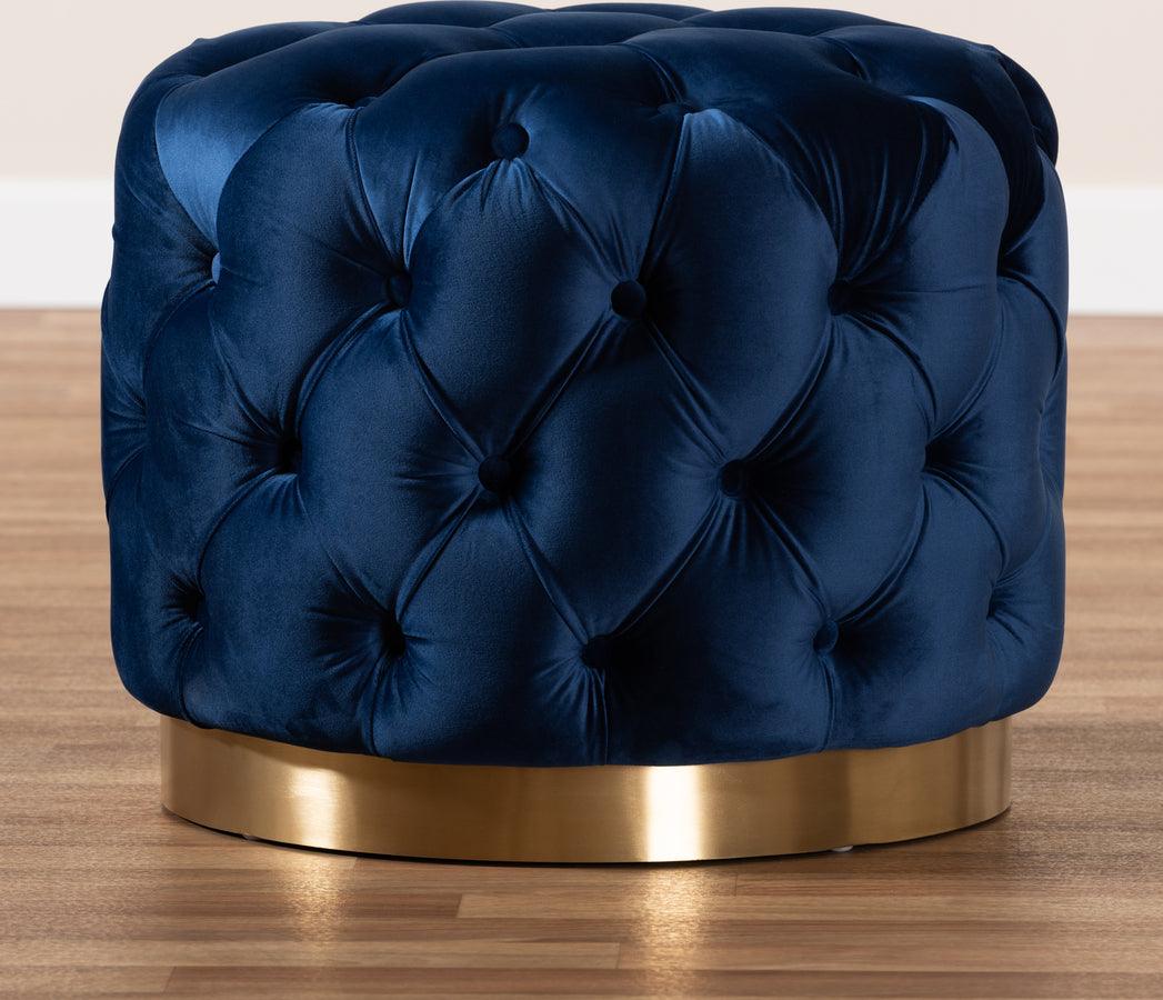 Wholesale Interiors Ottomans & Stools - Valeria Glam Royal Blue Velvet Fabric Upholstered Gold-Finished Button Tufted Ottoman