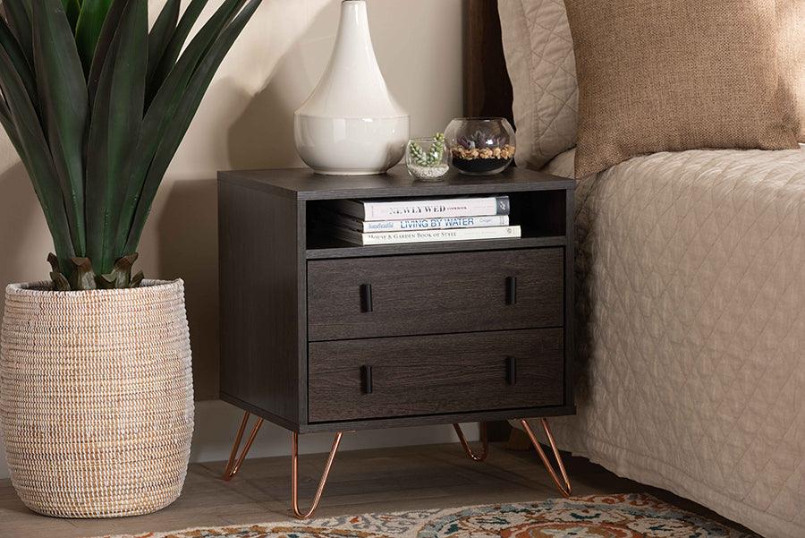 Wholesale Interiors Nightstands & Side Tables - Glover Dark Brown Finished Wood and Rose Gold-Tone Finished Metal 2-Drawer Nightstand