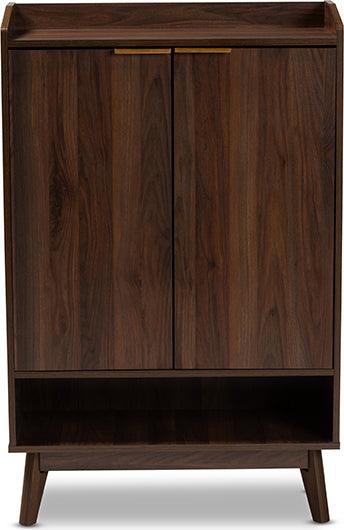 Wholesale Interiors Shoe Storage - Lena Mid-Century Modern Walnut Brown Finished 5-Shelf Wood Entryway Shoe Cabinet