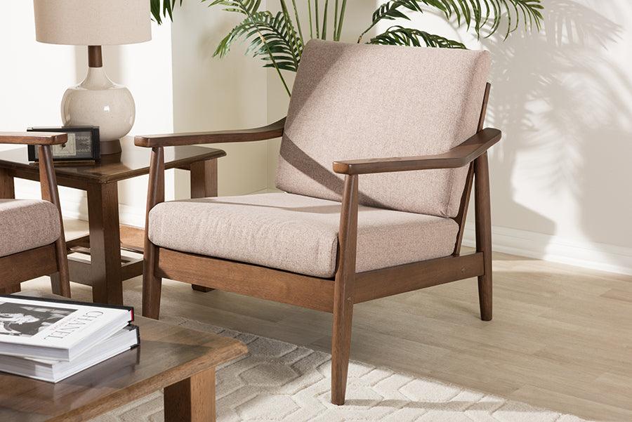 Wholesale Interiors Accent Chairs - Venza Mid-Century Modern Walnut Wood Light Brown Fabric Upholstered Lounge Chair