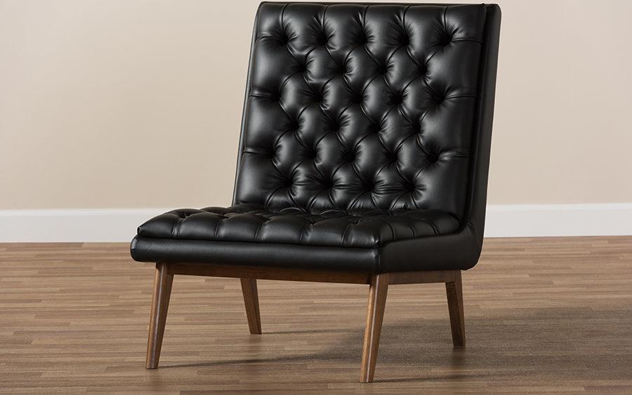 Wholesale Interiors Accent Chairs - Annetha Mid-Century Modern Black Faux Leather Walnut Wood Lounge Chair