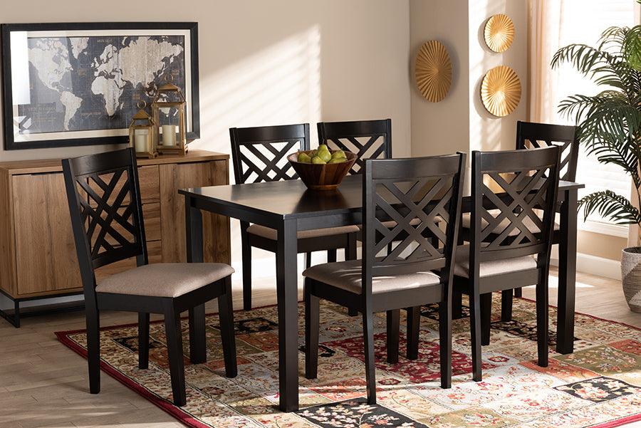 Wholesale Interiors Dining Sets - Caron Sand Fabric Upholstered Espresso Brown Finished Wood 7-Piece Dining Set