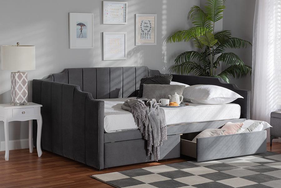 Wholesale Interiors Daybeds - Gulliver Modern and Contemporary Grey Velvet Fabric Upholstered 2-Drawer Daybed