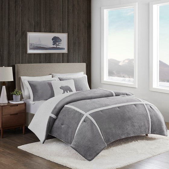 Olliix.com Comforters & Blankets - Plush to Sherpa Comforter Set Grey Twin
