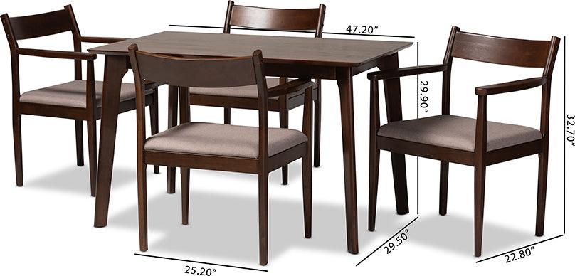 Wholesale Interiors Dining Sets - Coretta Mid-Century Modern Warm Grey Fabric and Dark Brown Finished Wood 5-Piece Dining Set