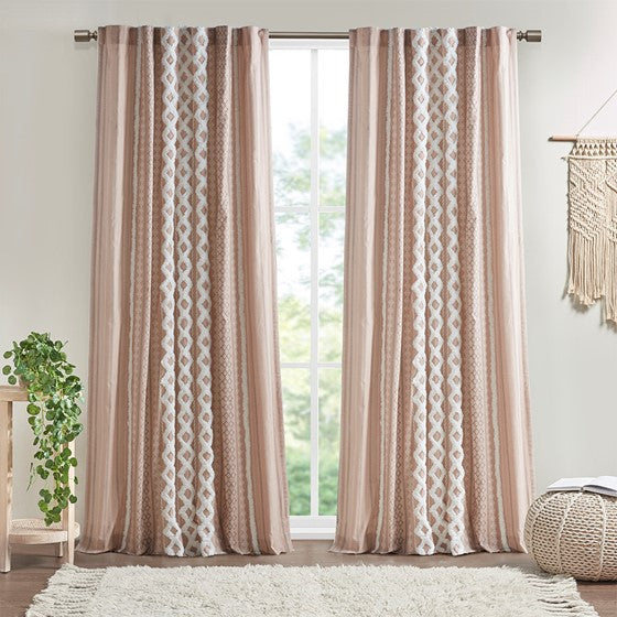 Olliix.com Curtains - Cotton Printed Curtain Panel with Chenille Stripe and Lining Blush