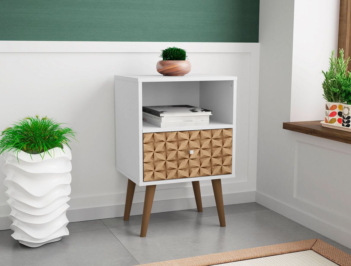 Manhattan Comfort Nightstands & Side Tables - Liberty Nightstand 1.0 in White and 3D Brown Prints