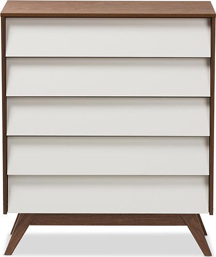 Wholesale Interiors Chest of Drawers - Hildon Mid-Century Modern White and Walnut Wood 5-Drawer Storage Chest