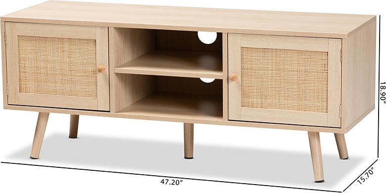Wholesale Interiors TV & Media Units - Sebille Mid-Century Modern Light Brown Wood 2-Door TV Stand with Natural Rattan