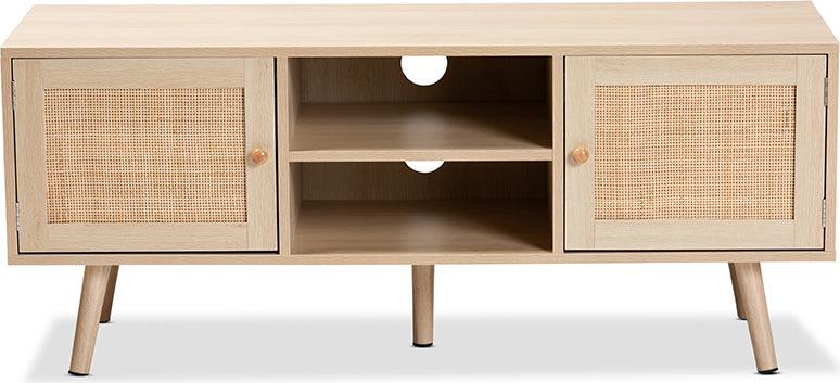 Wholesale Interiors TV & Media Units - Sebille Mid-Century Modern Light Brown Wood 2-Door TV Stand with Natural Rattan