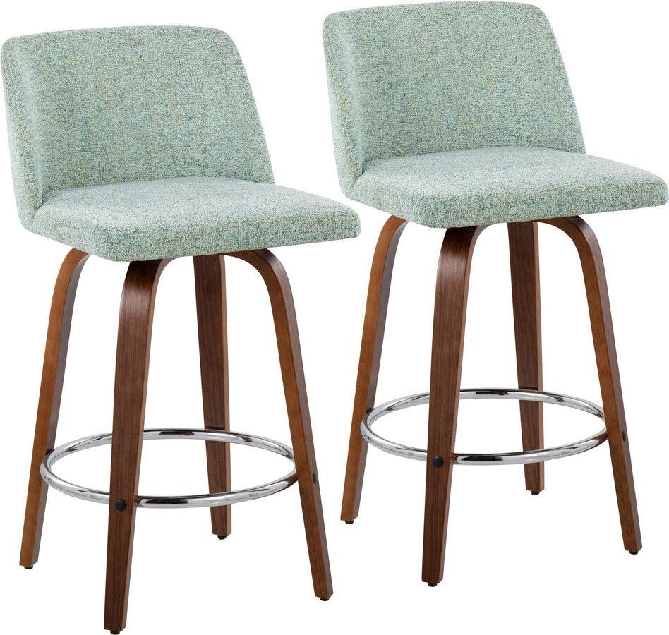 Lumisource Barstools - Toriano Fixed-Height Counter Stool Walnut Wood & Light Green Fabric (Set of 2)