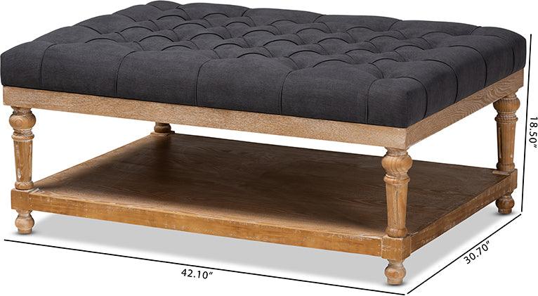 Wholesale Interiors Ottomans & Stools - Lindsey Modern and Rustic Charcoal Linen Fabric and Greywashed Wood Cocktail Ottoman