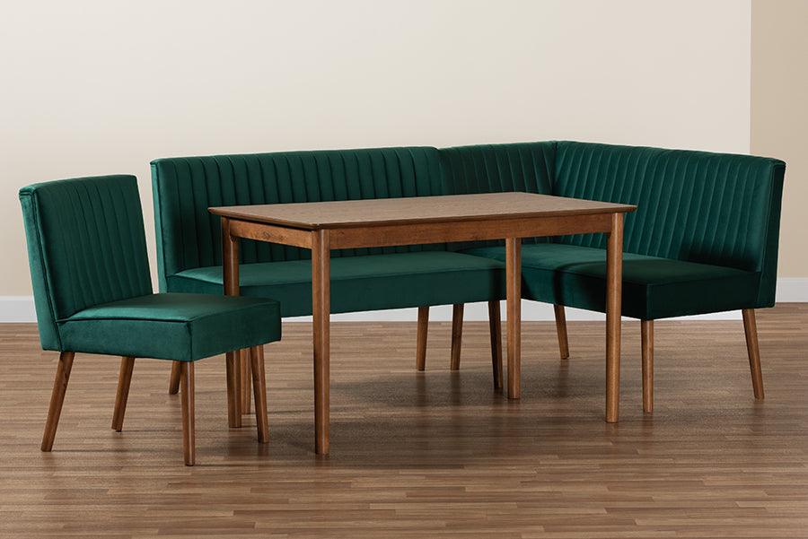 Wholesale Interiors Dining Sets - Alvis Emerald Green Velvet Upholstered and Walnut Brown Finished Wood 4-Piece Dining Nook Set
