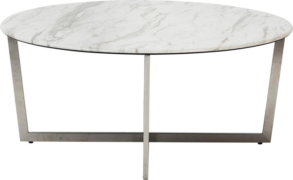 Euro Style Coffee Tables - Llona 36" Round Coffee Table in White Marble Melamine with Brushed Stainless Steel Base