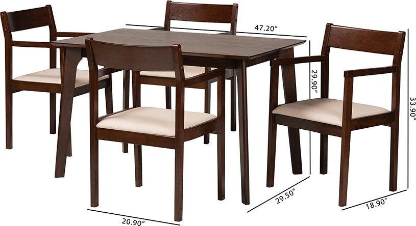 Wholesale Interiors Dining Sets - Helene Mid-Century Modern Cream Fabric And Dark Brown Finished Wood 5-Piece Dining Set