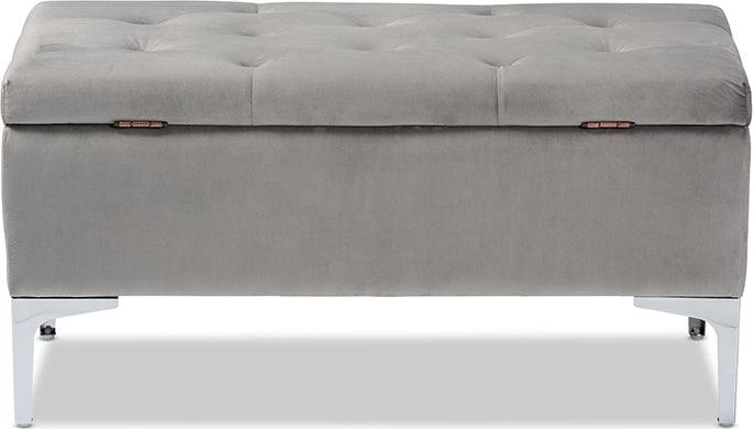 Wholesale Interiors Ottomans & Stools - Mabel Modern Transitional Grey Velvet Fabric Upholstered Silver Finished Storage Ottoman