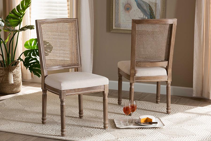 Wholesale Interiors Dining Chairs - Louane Beige Fabric and Antique Brown Finished Wood 2-Piece Dining Chair Set with Rattan