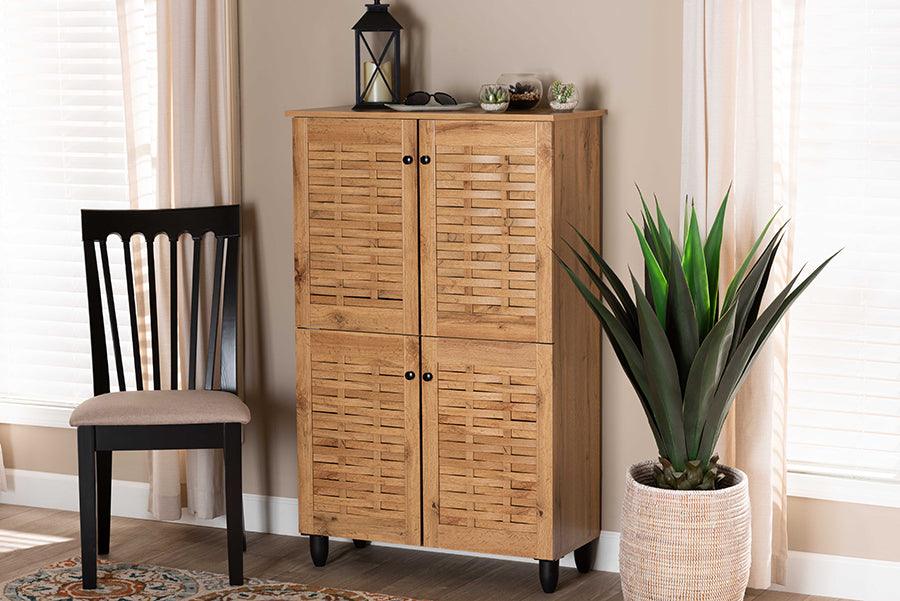 Wholesale Interiors Shoe Storage - Winda Modern and Contemporary Oak Brown Finished Wood 4-Door Shoe Storage Cabinet