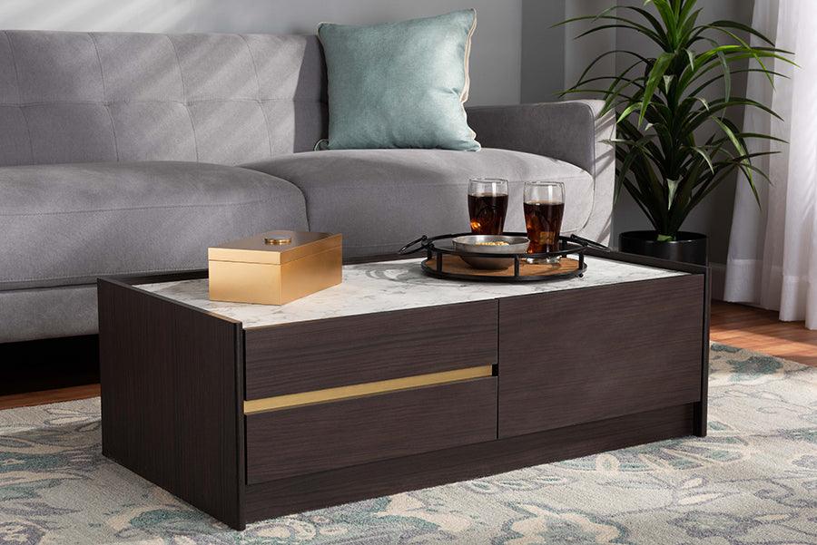 Wholesale Interiors Coffee Tables - Walker Coffee Table with Faux Marble Top Dark Brown