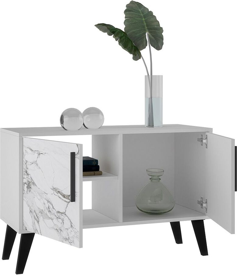 Manhattan Comfort Buffets & Sideboards - Mid-Century- Modern Amsterdam Double Side Table 2.0 with 3 Shelves in White Marble