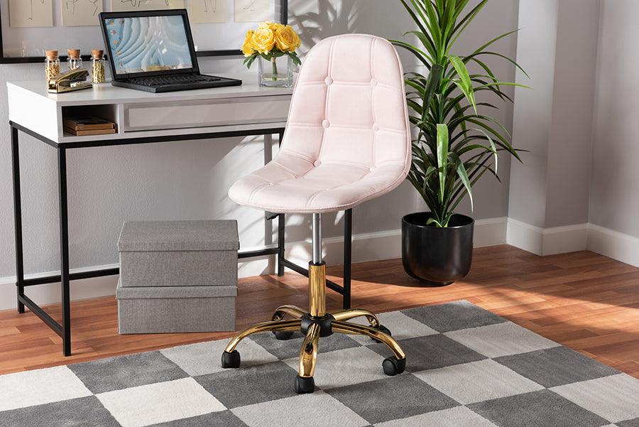 Wholesale Interiors Task Chairs - Kabira Contemporary Glam and Luxe Blush Pink Velvet Fabric and Gold Metal Swivel Office chair