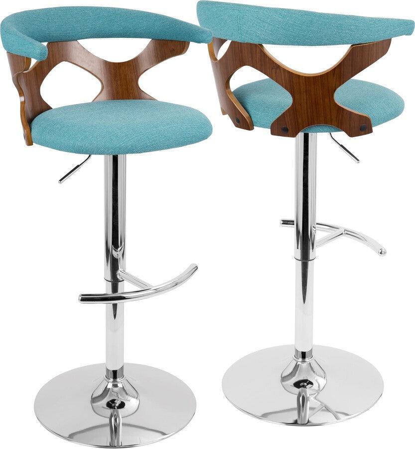 Lumisource Barstools - Gardenia Adjustable Barstool With Swivel In Chrome, Walnut Wood & Teal Fabric (Set of 2)
