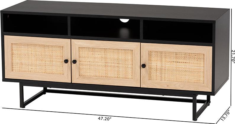 Wholesale Interiors TV & Media Units - Declan Mid-Century Modern Espresso Brown Finished Wood and Natural Rattan 3-Door TV Stand