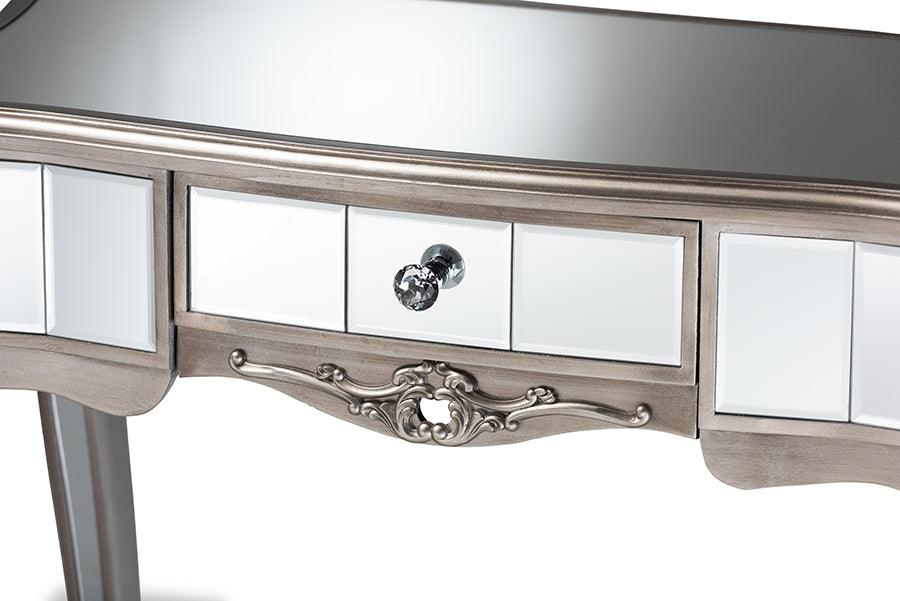 Wholesale Interiors Consoles - Elgin Glam and Luxe Brushed Silver Finished Wood and Mirrored Glass 1-Drawer Console Table