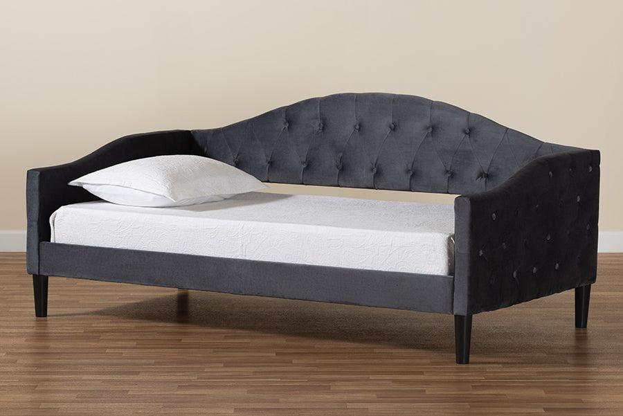 Wholesale Interiors Daybeds - Benjamin Grey Velvet Fabric Upholstered and Dark Brown Finished Wood Twin Size Daybed