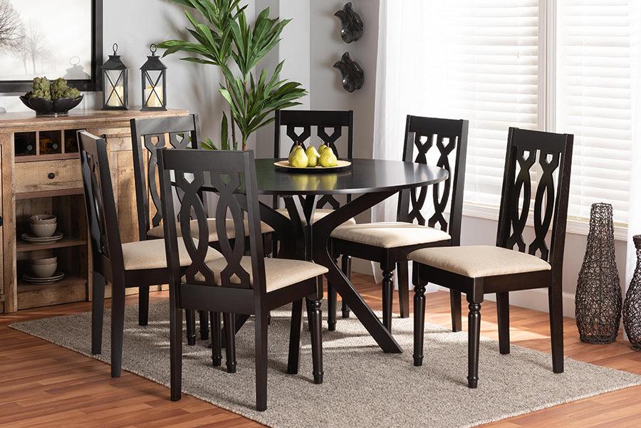Wholesale Interiors Dining Sets - Callie Sand Fabric Upholstered and Dark Brown Finished Wood 7-Piece Dining Set