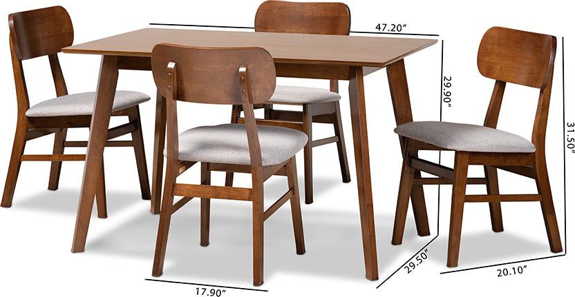 Wholesale Interiors Dining Sets - Euclid Mid-Century Modern Grey Fabric and Walnut Brown Wood 5-Piece Dining Set