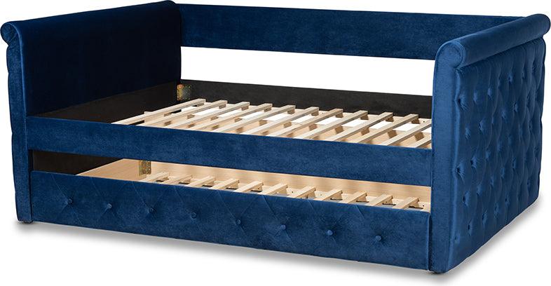 Wholesale Interiors Daybeds - Amaya Modern and Contemporary Blue Velvet Queen Size Daybed with Trundle