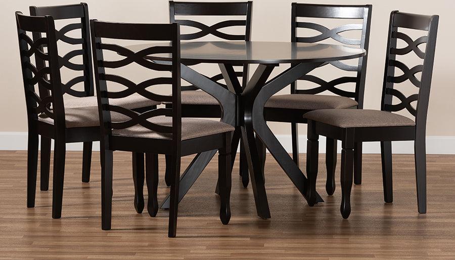 Wholesale Interiors Dining Sets - Mila Sand Fabric Upholstered Dark Brown Finished Wood 7-Piece Dining Set